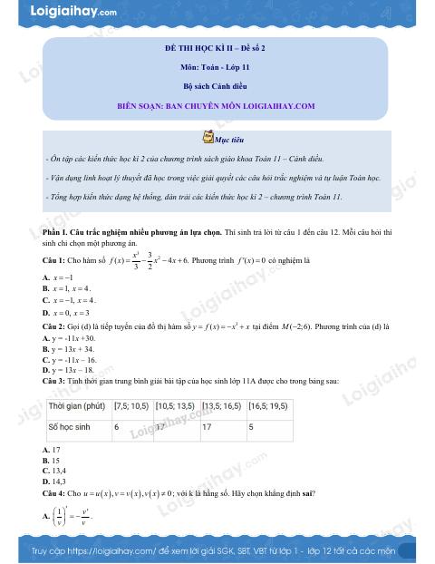 Đề thi học kì 2 Toán 11 Cánh diều - Đề số 2